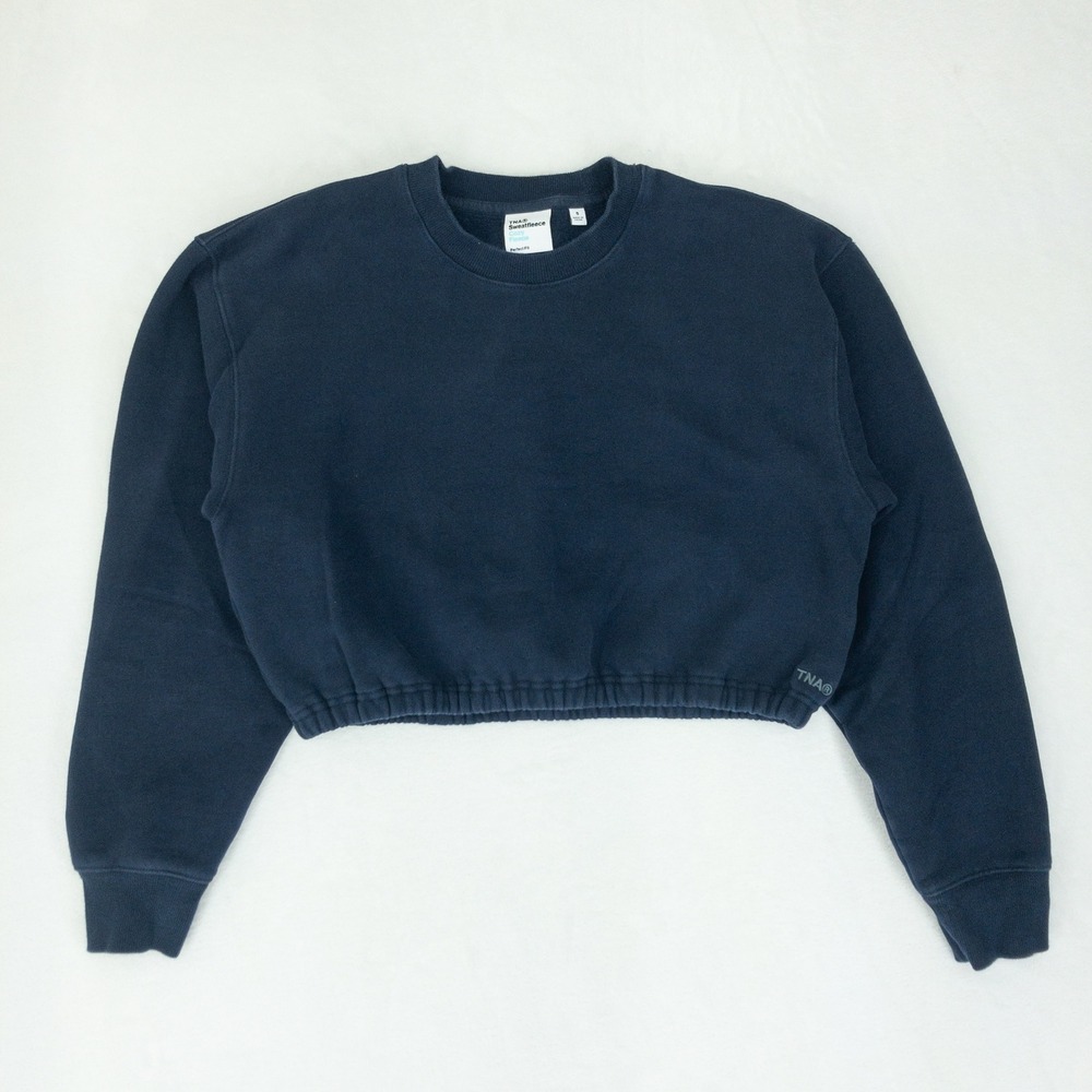 TNA Sweatfleece Sweatshirt Womens S Navy Blue Cozy Fleece Cropped Elastic Hem